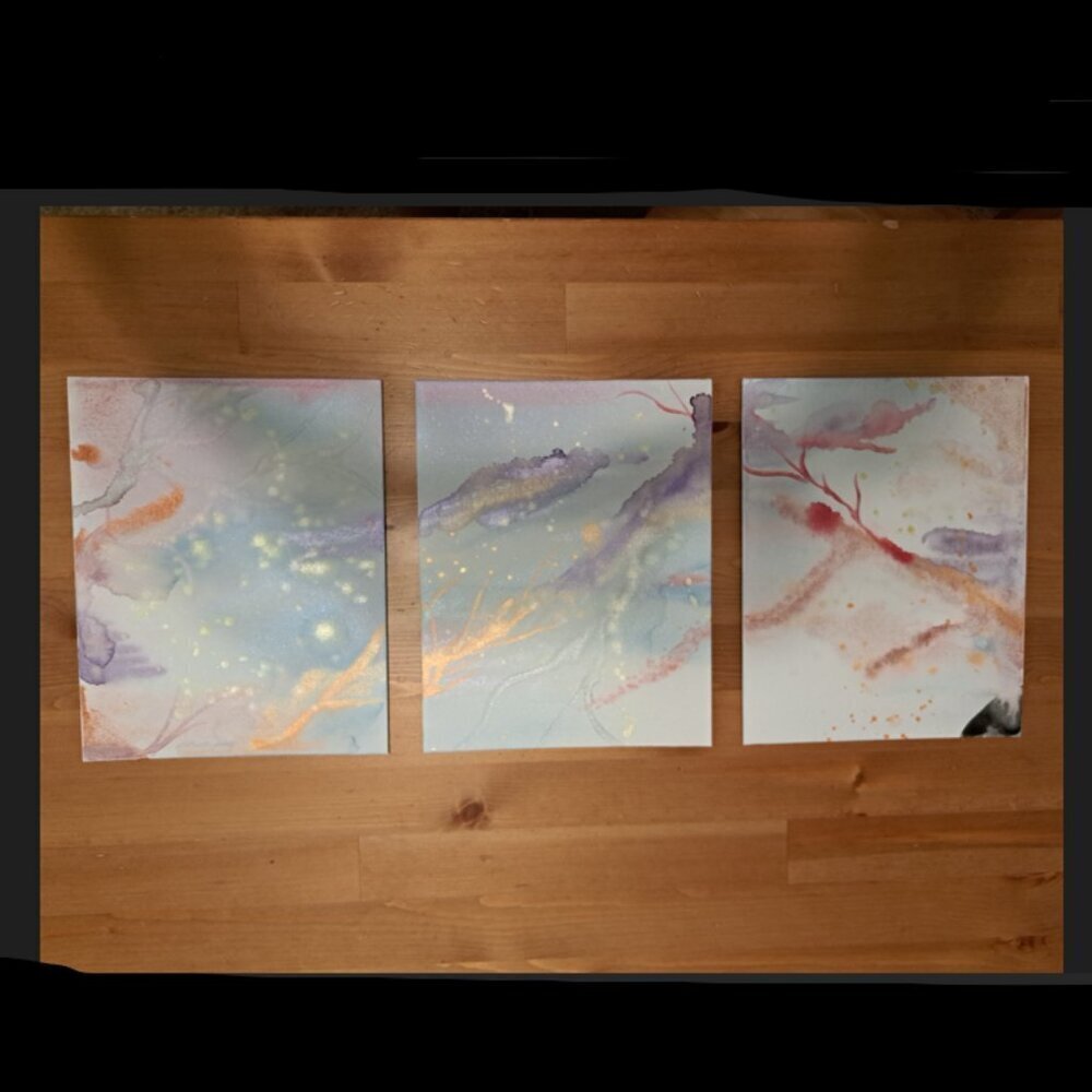 Original Watercolor Art, set of 3, shimmering marbling tones